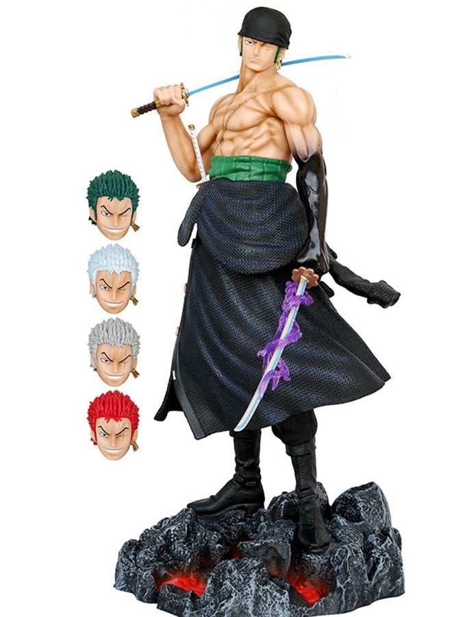 One Piece Standing Zoro With Sword Action Figure Model , With 5 Interchangeable Head Anime Collectible , Trendy Anime Statue Toy, Desktop Decor Figure Model Toy , Office Decor Figure , Car Ornament, Birthday Gift For Kids Boys and Girls, For Commemoration, Collection and Display, Black/Green/Beige , Giant 50 cm - Image 1